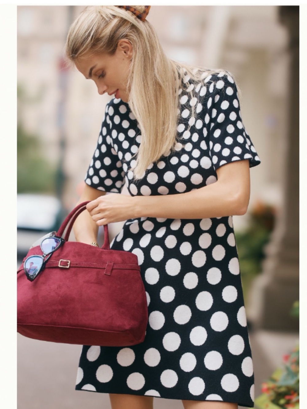 Nina Short-Sleeve Mock-Neck Mod Black Polka dot  Sweater Mini Dress